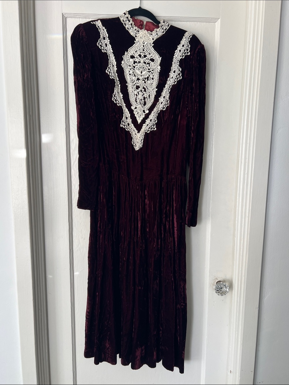 Talbots Vintage Burgundy Velvet Long-Sleeve Dress with Cream Lace Bib.